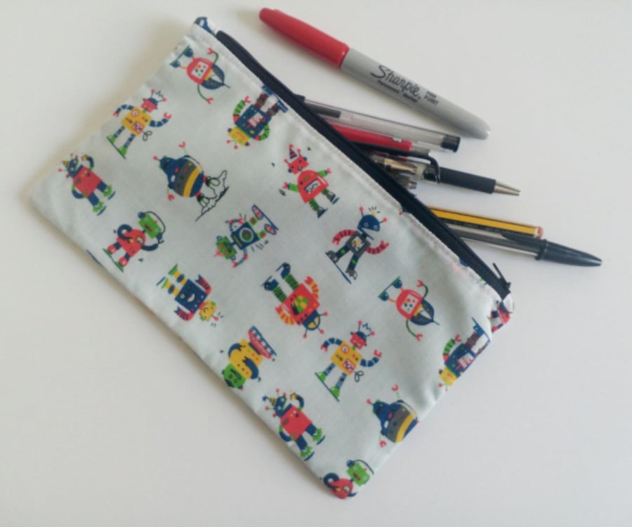 Pencil case, zipper pouch, back to school, drawing, robots