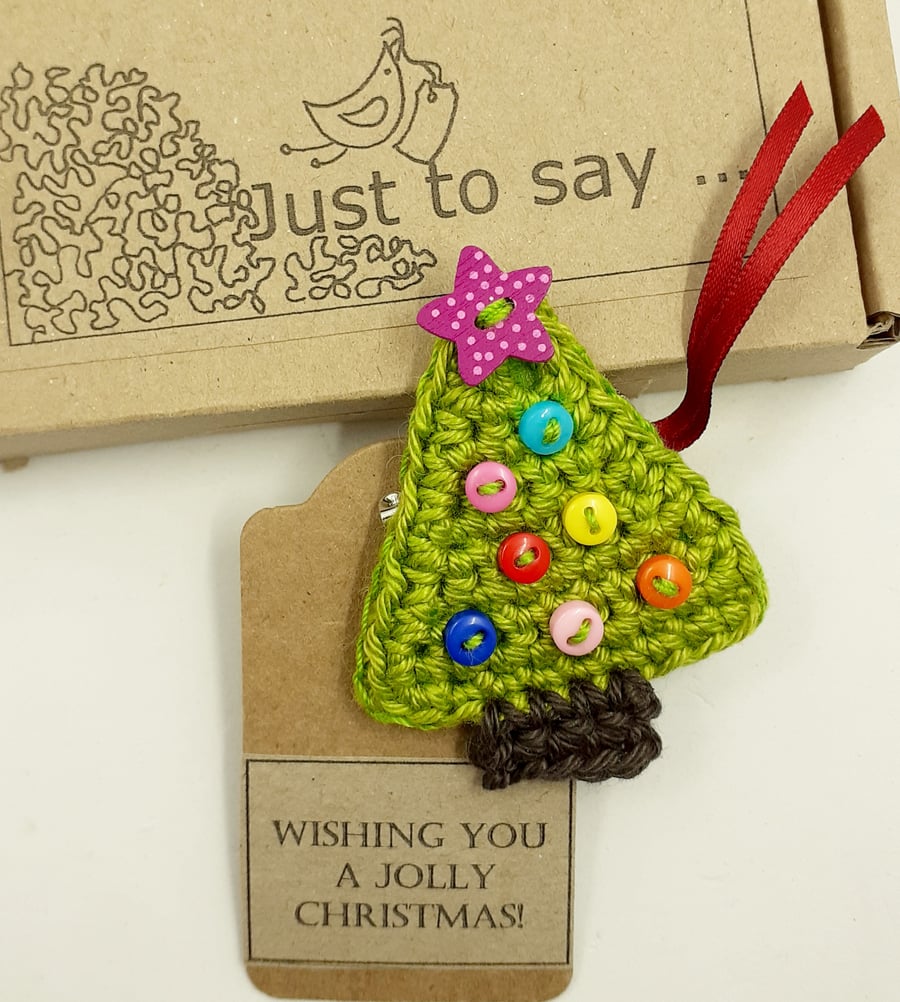 Crochet Christmas Tree Brooch on a Tag - Alternative to a Greetings Card