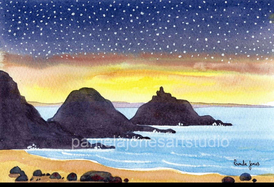 Starry Sky, Mumbles Lighthouse, Wales, Original Watercolour, in 14 x 11'' Mount