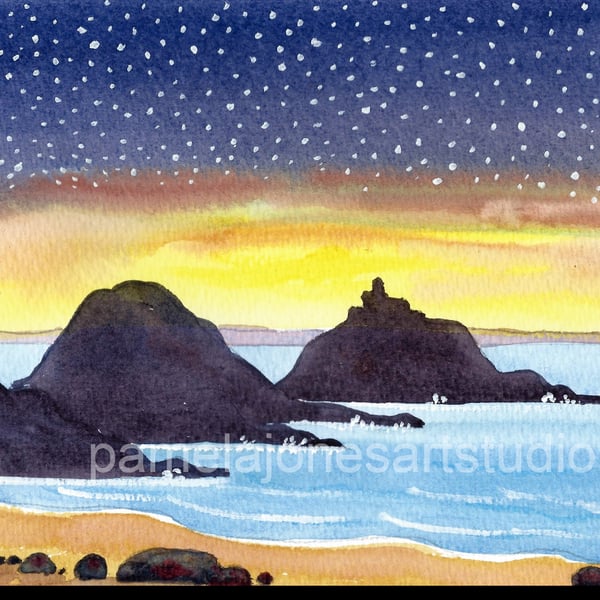 Starry Sky, Mumbles Lighthouse, Wales, Original Watercolour, in 14 x 11'' Mount