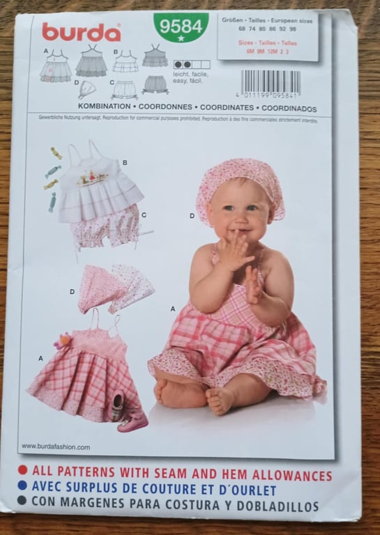 Burda sewing pattern 9584 - Baby and toddler dress, top and romper pants 