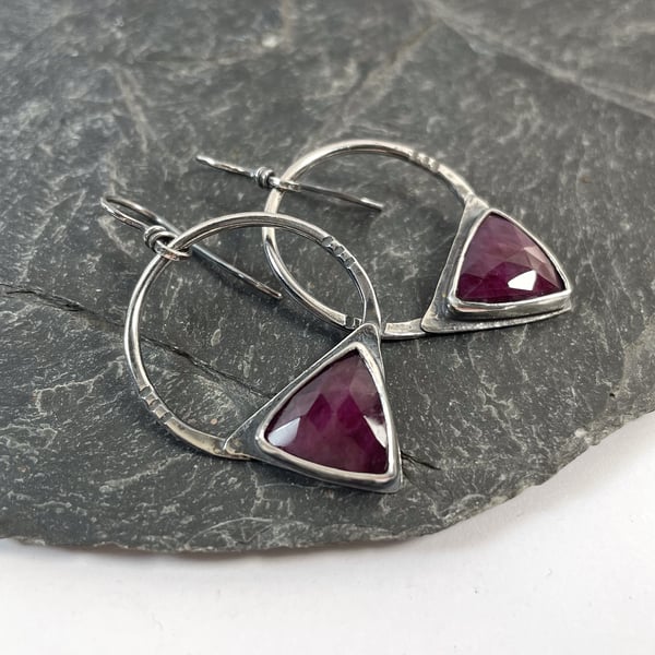 Oxidised sterling silver and triangular ruby tribal earrings.