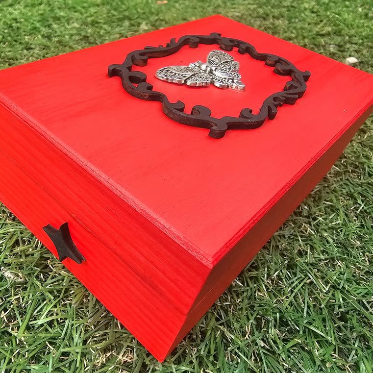 Handmade Gothic Wooden Jewellery Box with Silver Death Head Moth Design 