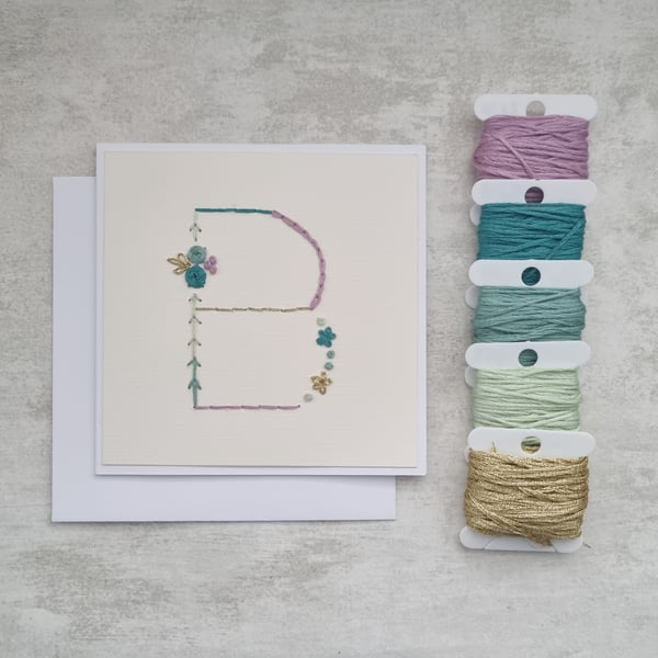 Letter B embroidered card, hand stitched initial card, hand sewn keepsake card