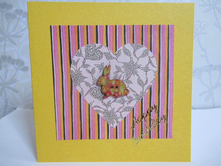 Bunny Rabbit Birthday Greetings Card Happy Birthday Yellow Pink Black Heart