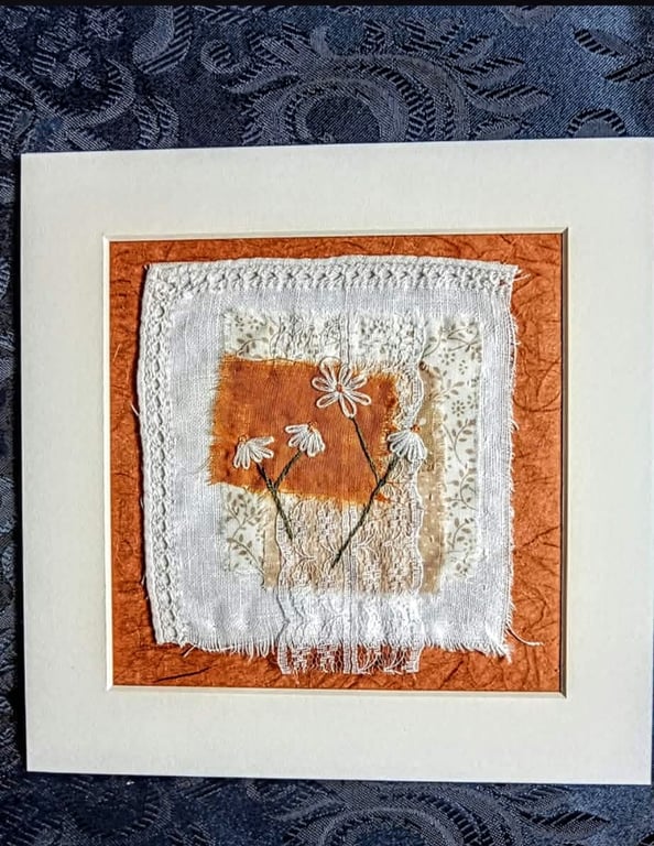 Hand embroidered floral textile wall art, slow stitched wall decor unframed