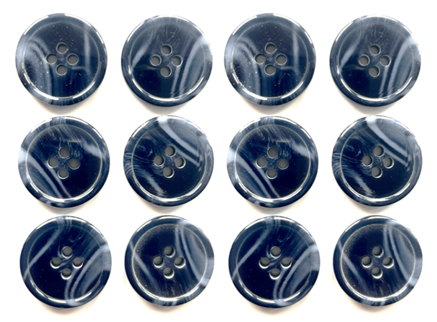 12 Marble Effect Buttons, Blue, 15mm, Variegated, Woodgrain, Natural Finish