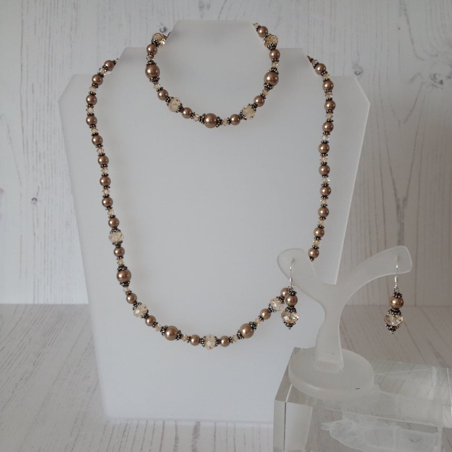 Crystal Bronze Pearl Necklace, Bracelet and Earring Set PB5