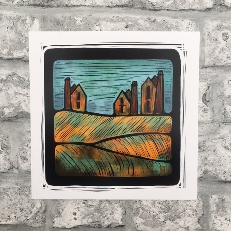 Wall art print illustration Cornwall Engine house tin mine Heritage landscape