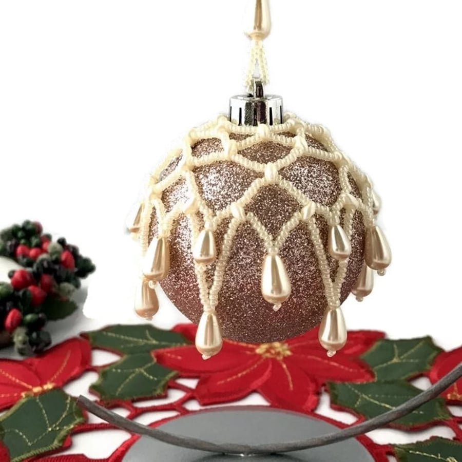 Vintage Inspired Antique Cream & Glitter Blush Beaded Bauble