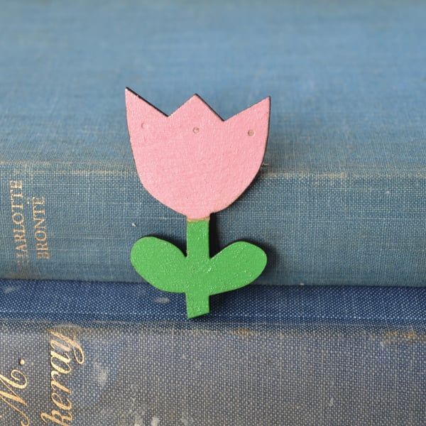 Wooden Tulip Brooch - Light Pink