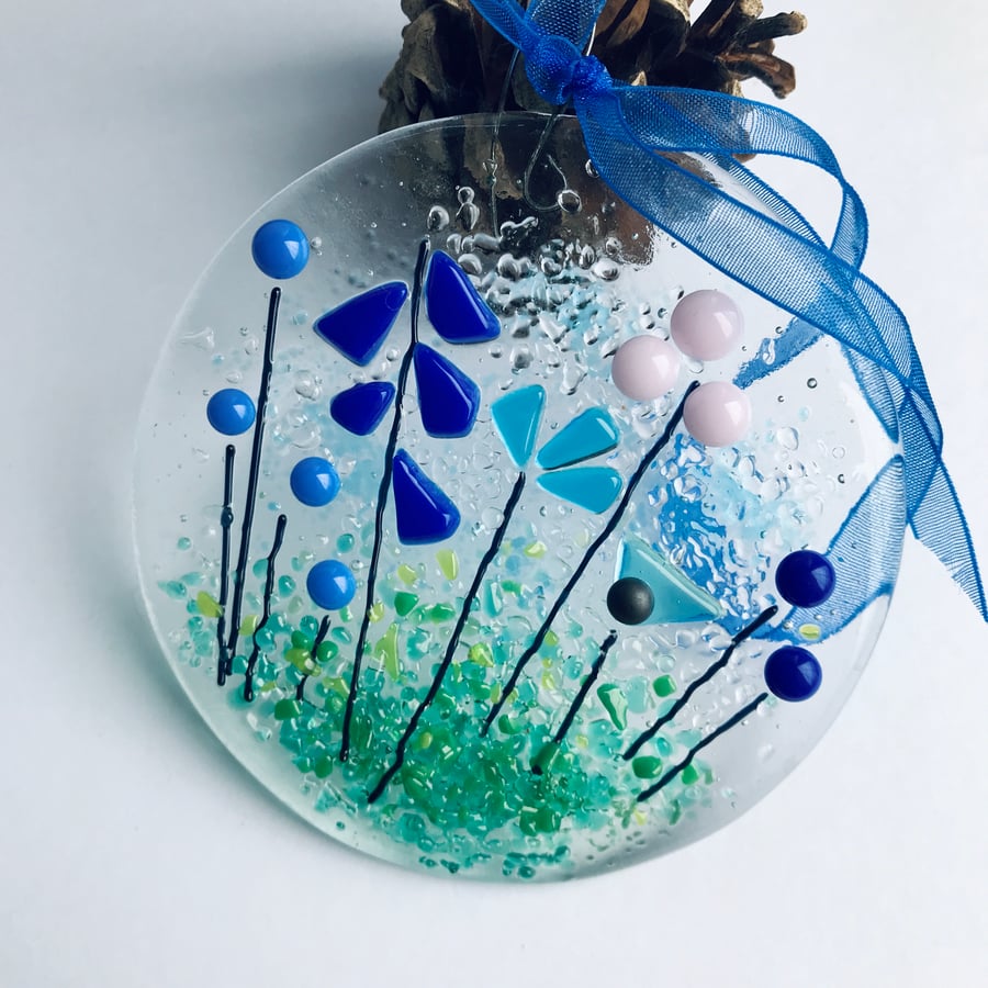 Floral circular suncatcher made from fused glass, stocking filler 