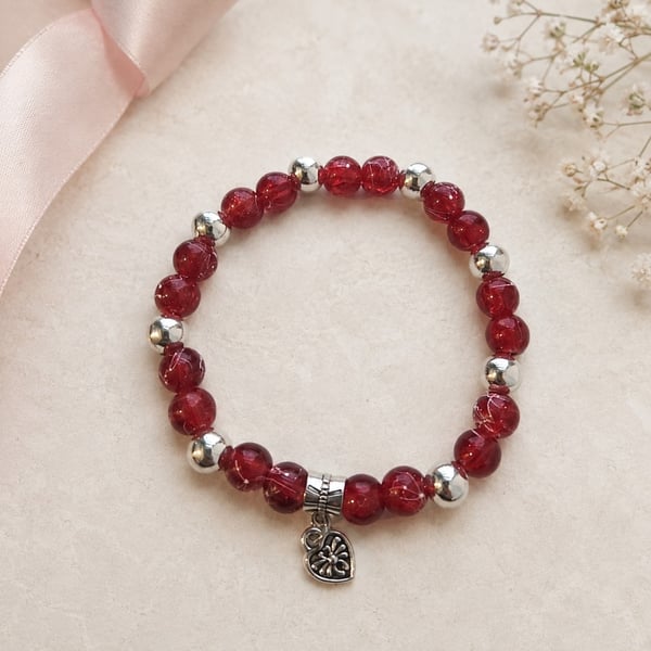 Red Beaded Stretch Bracelet with Silver-Tone Heart Charm – Handmade Jewellery