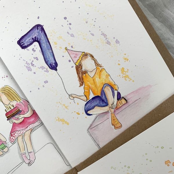 7th Birthday Card - Birthday Girl - Original Painting