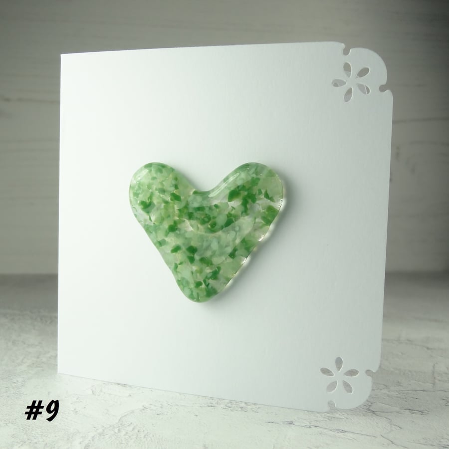 Green speckled heart handcrafted fused glass blank card (9)