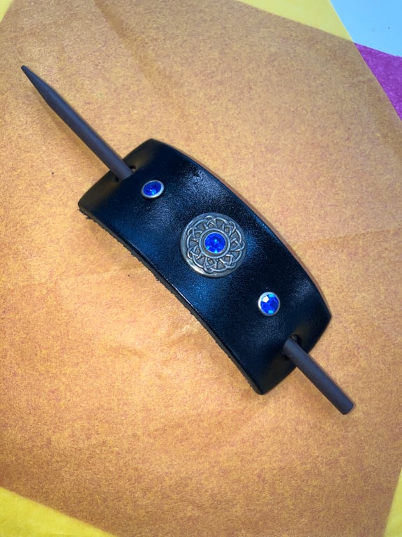 Dyed Black Leather Hair Stick Barrette with Celtic Design & 3 Blue Gems