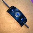 Dyed Black Leather Hair Stick Barrette with Celtic Design & 3 Blue Gems