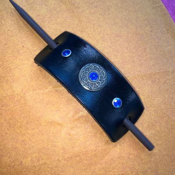 Dyed Black Leather Hair Stick Barrette with Celtic Design & 3 Blue Gems