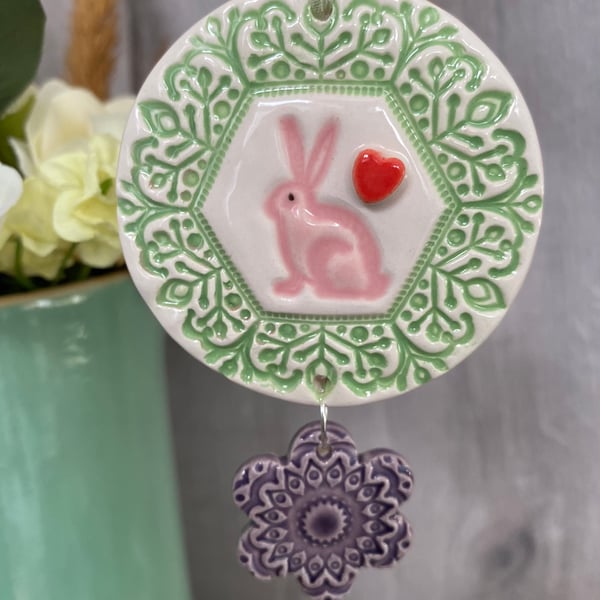 Ceramic decoration with rabbit and flower green