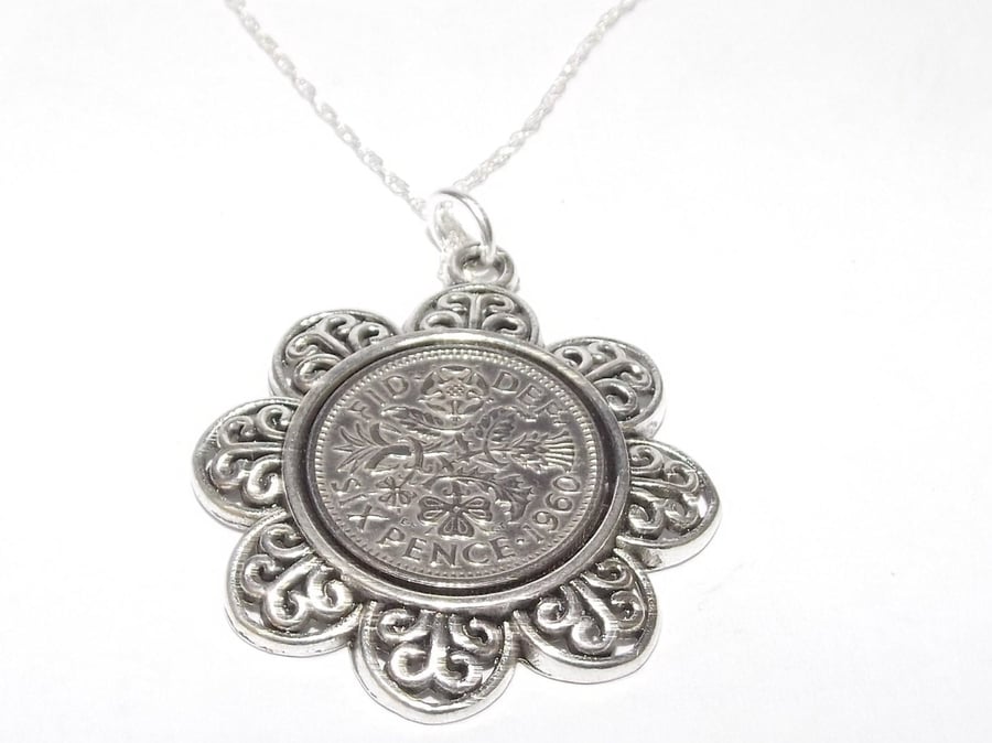 Floral Pendant 1960 Lucky sixpence 64th Birthday plus a Sterling Silver 18in Cha