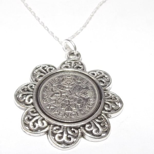 Floral Pendant 1960 Lucky sixpence 64th Birthday plus a Sterling Silver 18in Cha
