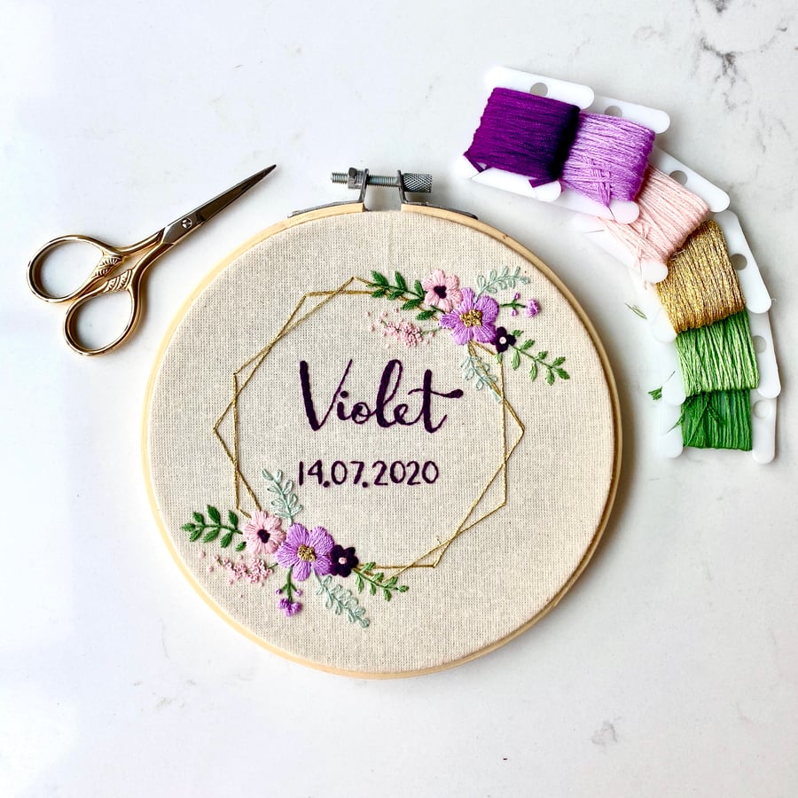 Name and Date Handmade Embroidery Hoop with Floral Detailing, Personalised