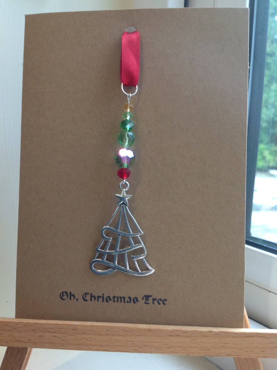 Handmade Glass bead Christmas Tree suncatcher, attached to a card.