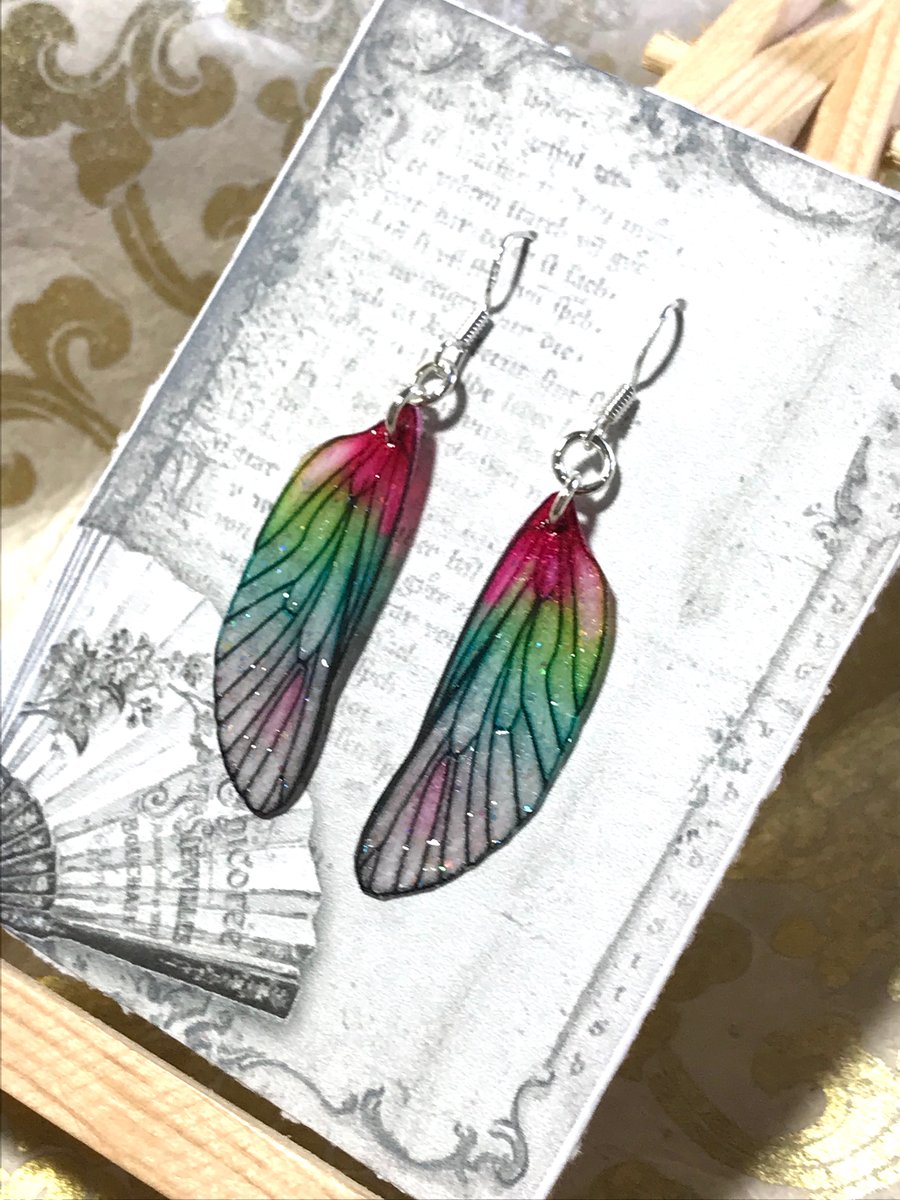 Pink and Green Sterling Silver Fairy Wing Earrings