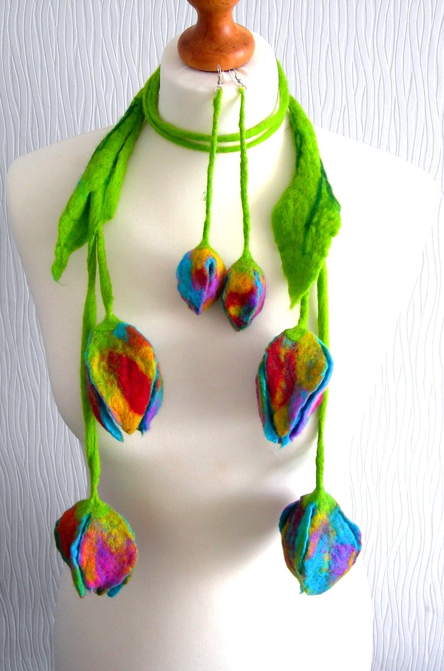 Hand Felted, Wool Jewelry   necklace-SCARF OR BELT-EARRINGS-100% WOOL MERINO
