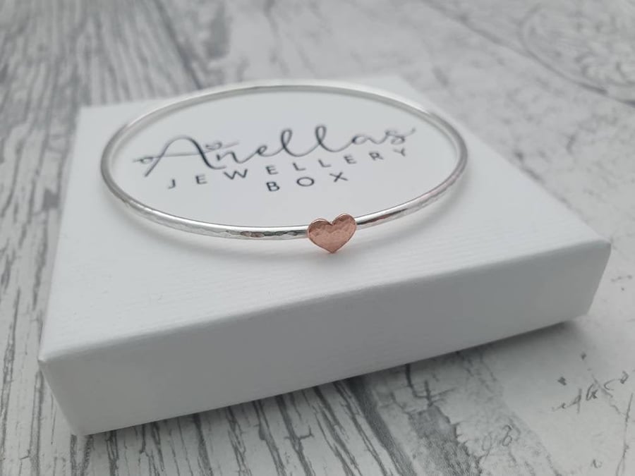 Sterling Silver Heart Bangle, Sterling Silver Bangle with a Copper Heart