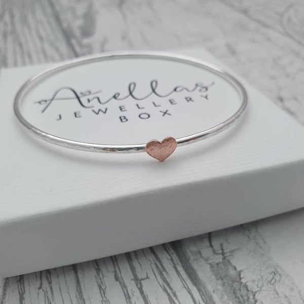 Sterling Silver Heart Bangle, Sterling Silver Bangle with a Copper Heart