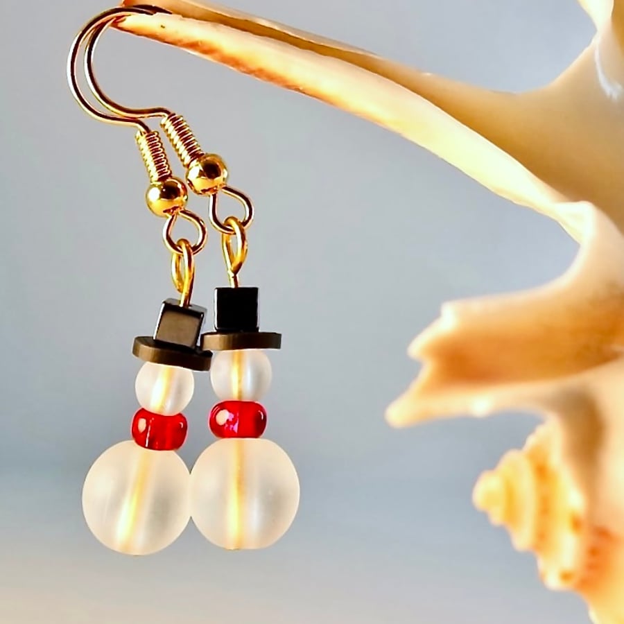 Handmade Christmas Earrings Frosted Glass Snowmen, Secret Santa, Stocking Filler