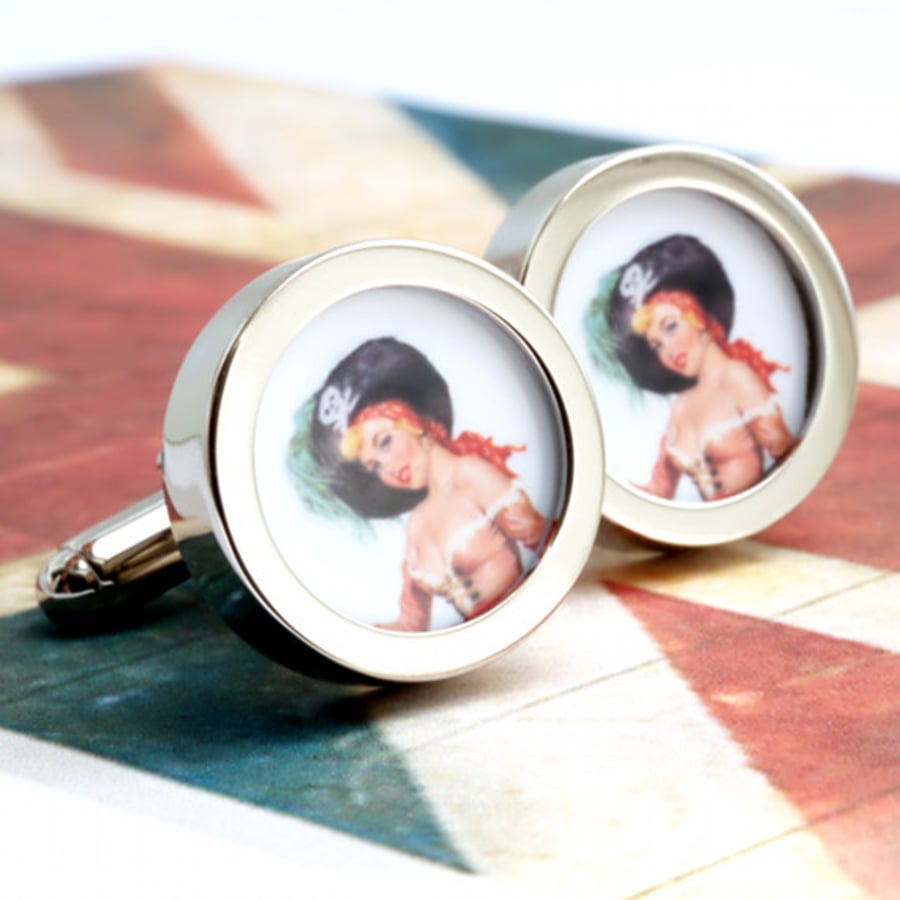 Pirate Girl Cufflinks - Red Head Privateer Vintage Pinup Woman Men’s Gift