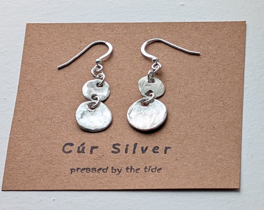 Fine Silver Tiered Disc Dangle Earrings, Double Drop Wonky Circle Earrings