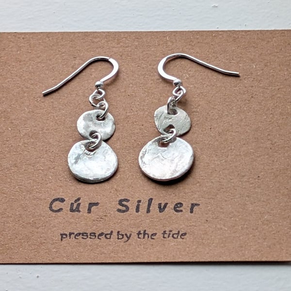 Fine Silver Tiered Disc Dangle Earrings, Double Drop Wonky Circle Earrings