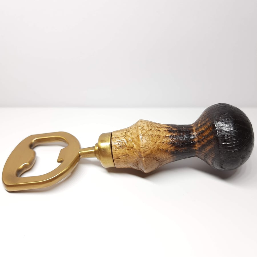 Oak Bottle Opener with Charred Detailing (Handmade Woodturned)