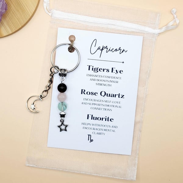 Capricorn Zodiac Crystal Keyring, Star Sign Crystal Gift For Her Him Christmas G