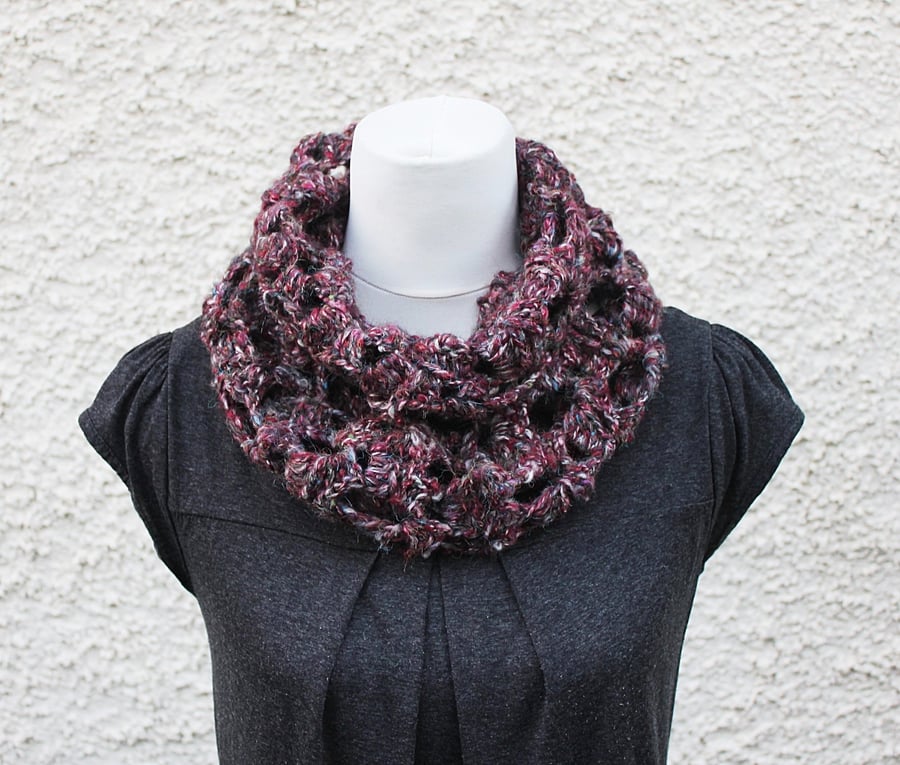Womens lace circle scarf snood, neckwear, gift guide, knitwear UK, vegan 