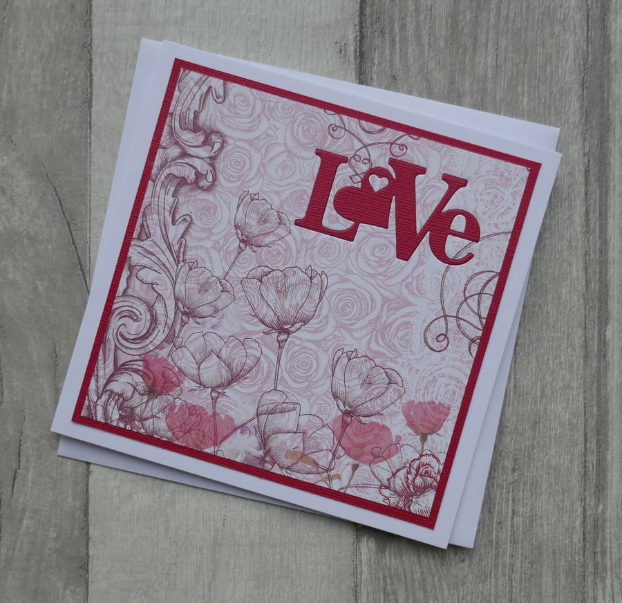 Red Floral Patterned Paper - Love Hearts - Anniversary or Love Card