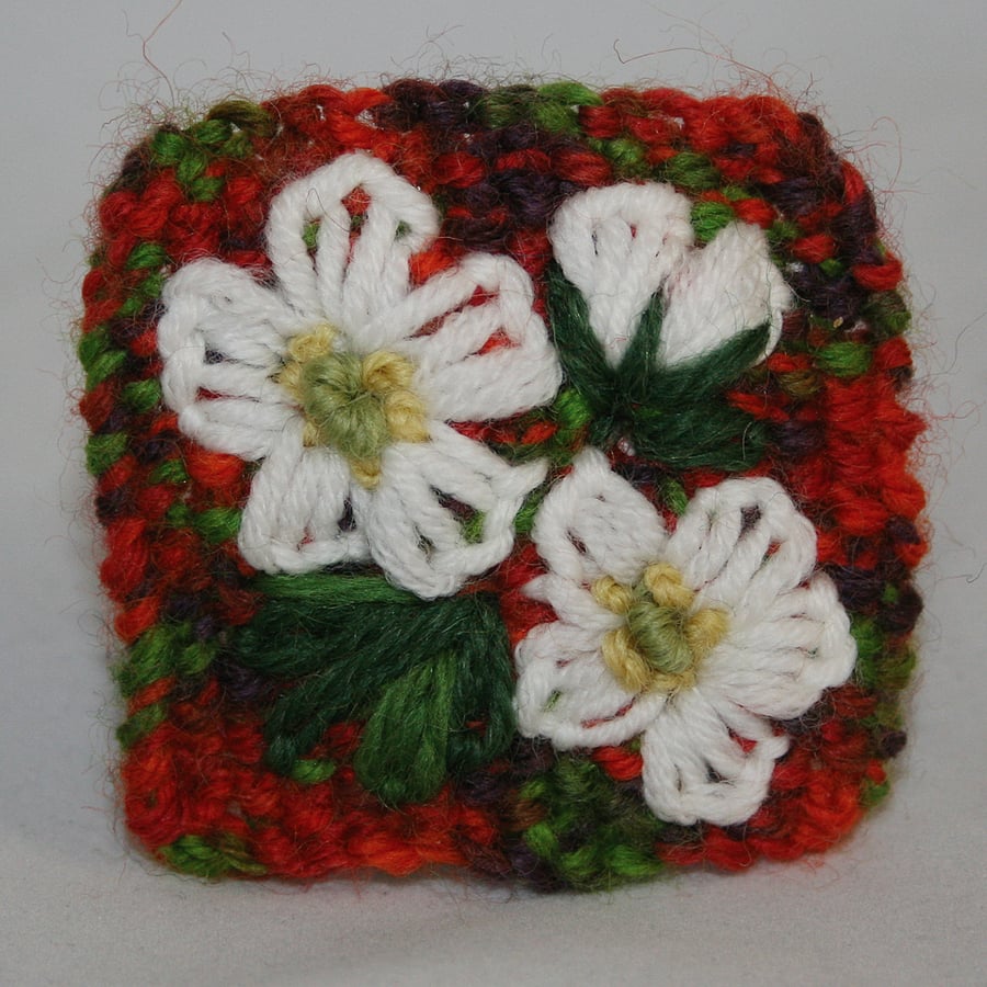 Embroidered Brooch - Christmas Roses on Red