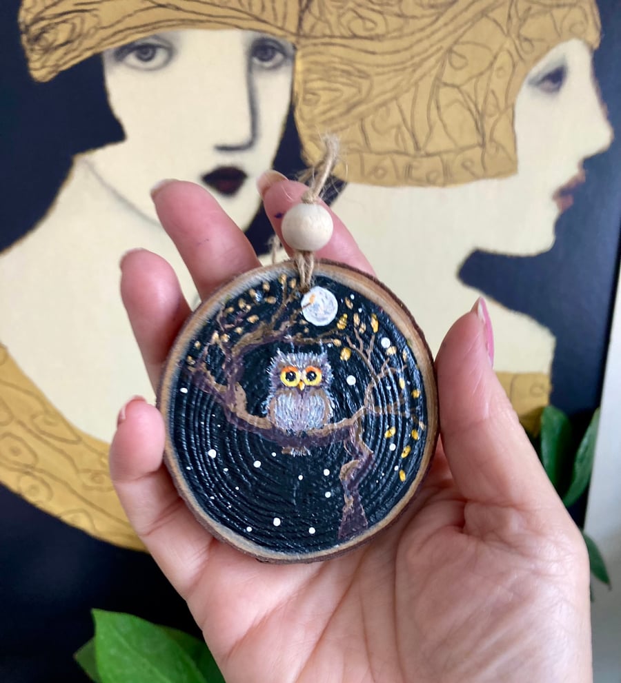 Baby Owl In A Tree Hand Painted Wood Slice Hanging Decoration