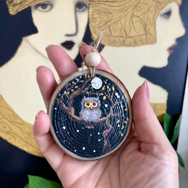 Baby Owl In A Tree Hand Painted Wood Slice Hanging Decoration