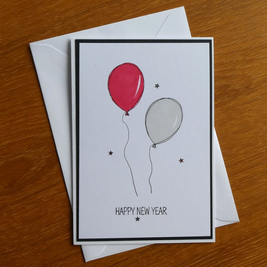 Happy New Year Card - Balloons - Red and Silver