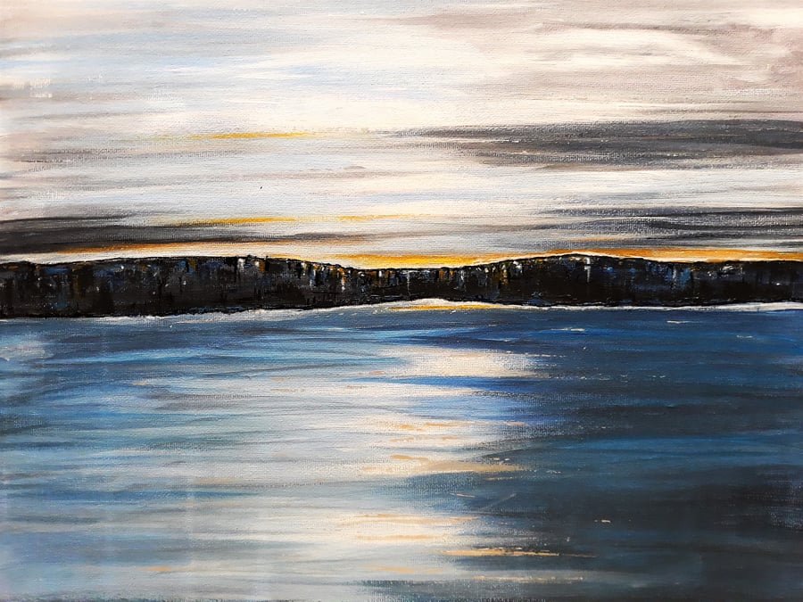 Tranquil Sea Painting, Calm Seascape with Sunset, Acrylics on Canvas
