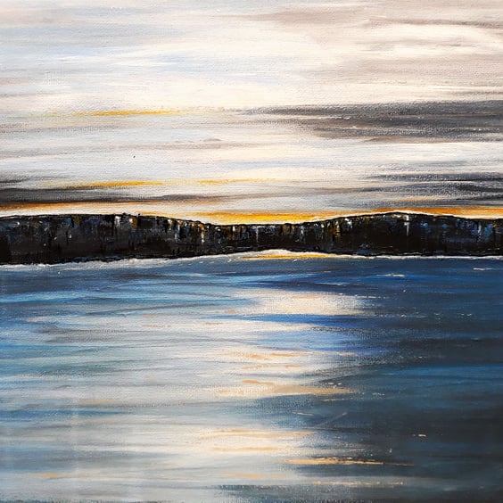 Tranquil Sea Painting, Calm Seascape with Sunset, Acrylics on Canvas