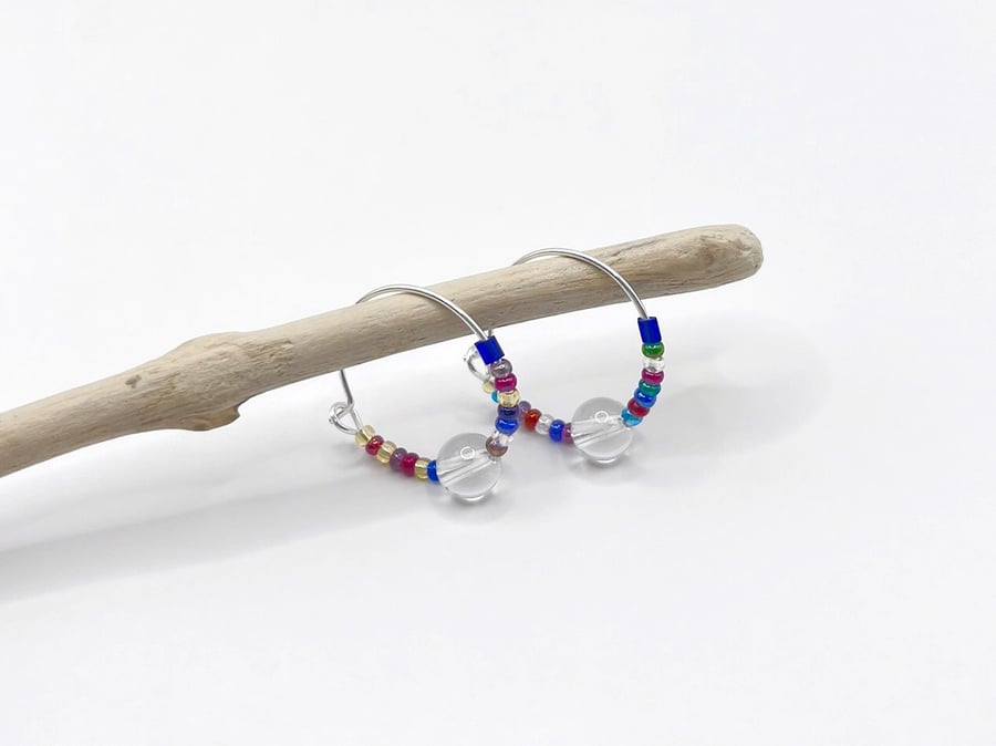 Sterling Silver Hoops with Crystal Bead and Rainbow Mix Seed Beads - 18mm
