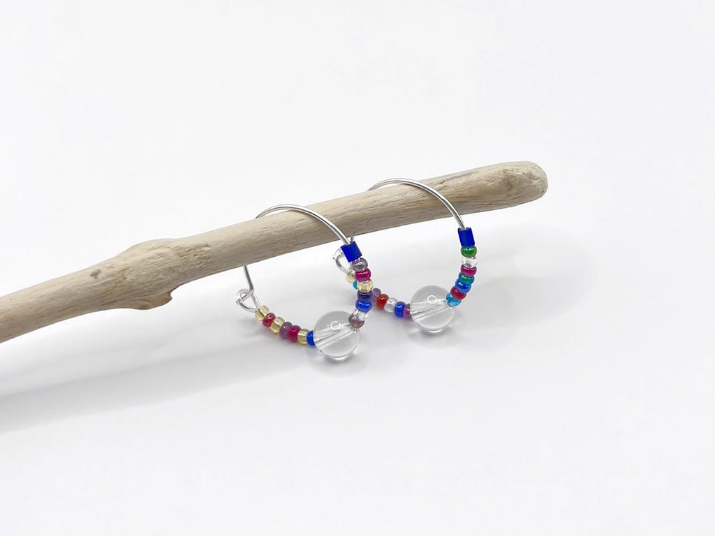 Sterling Silver Hoops with Crystal Bead and Rainbow Mix Seed Beads - 18mm
