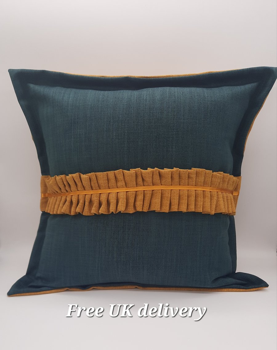 Cushion cover 18" forest green and mustard yellow with pleating.  