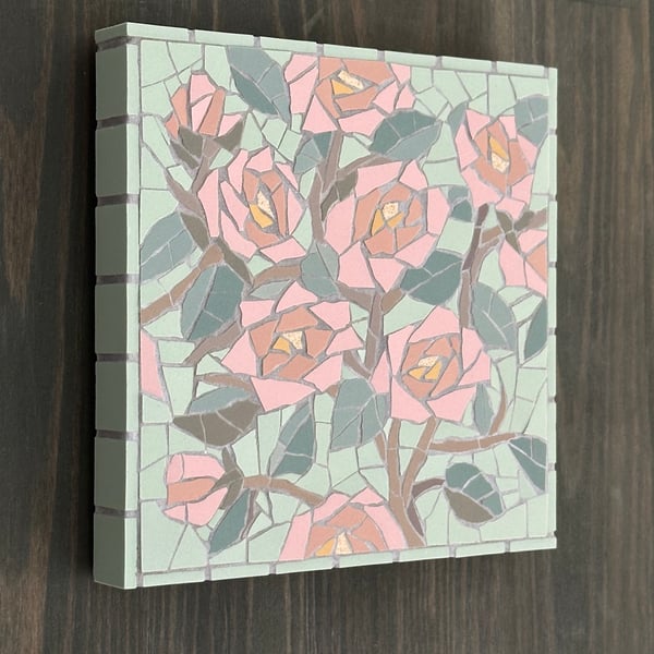 Summer Seconds - Floral Art  - Pink Rambling Rose Mosaic in Pistachio Green