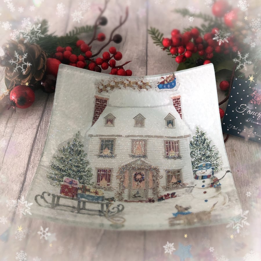 Festive Decoupaged Glass Christmas Sweet Dish, Christmas House Snow Scene, Santa